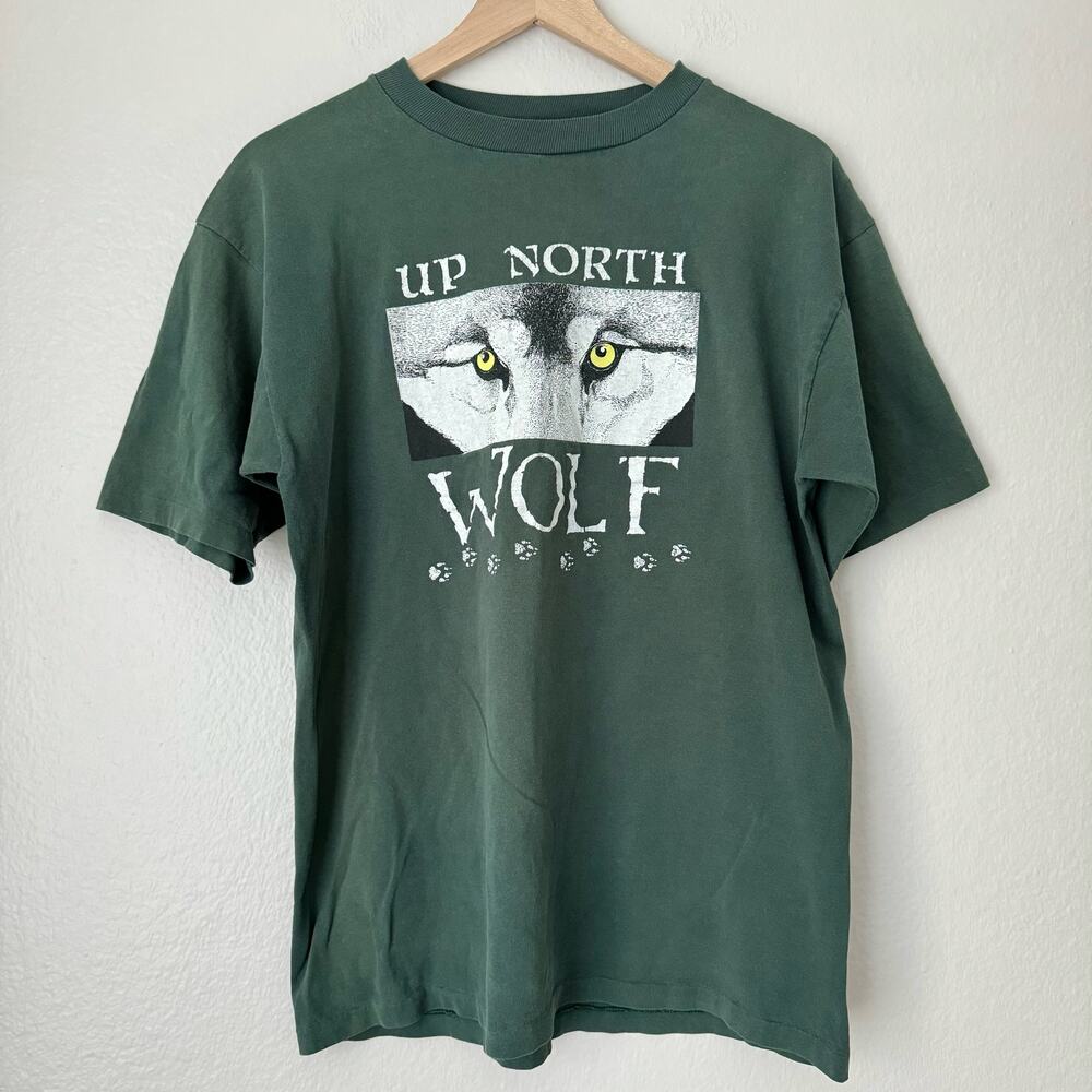 Vintage 90s Prairie Mountain Mens Green Single-Stitch Wolf T-Shirt Size Large